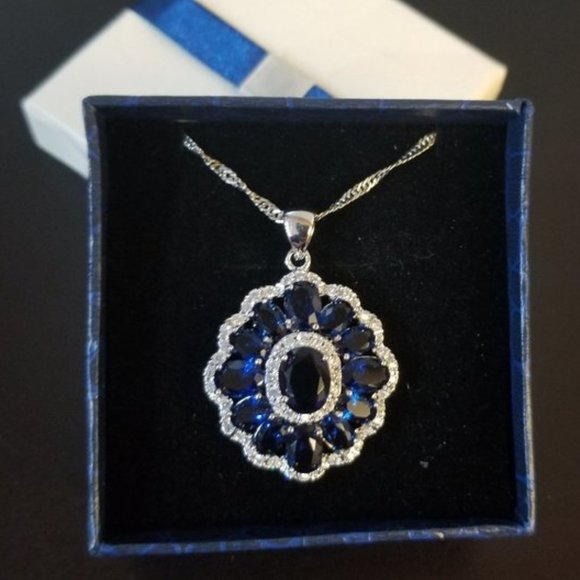 Swarovski Elegant Blue Crystal Floral Chandelier Women's Necklace - Picture 1 of 8